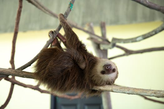 A relaxed two-toed sloth hanging upside down on tree branches indoors.